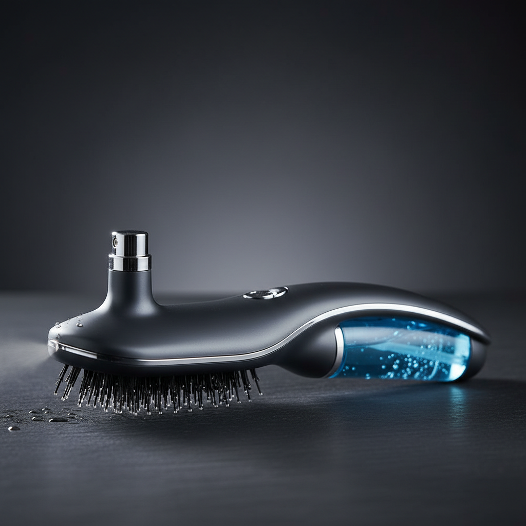 MistFlow Water Spray Hairbrush on dark background